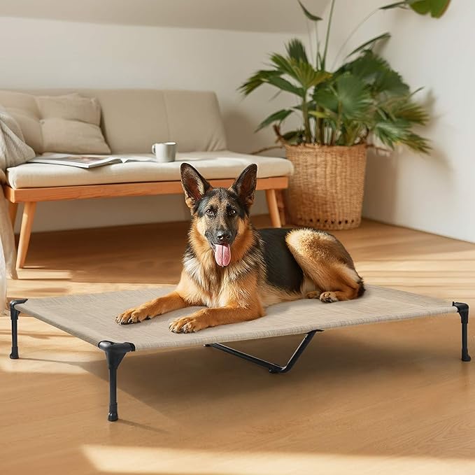 Veehoo Outdoor Elevated Dog Bed for Large Dogs, Cooling Raised Dog Cot Off Ground Hammock Pet Beds with Breathable Mesh, No-Slip Feet, 50"x32", Beige Coffee