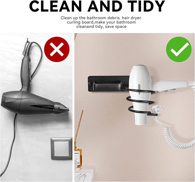YUET Hair Dryer Holder Hairdryer Station Wall Mounted Shelf Bracket Straightener Stand Hanger Organizer Blow Storage with Cable Tidy Rack for Dressing Table Bathroom Aluminum Professional, Black