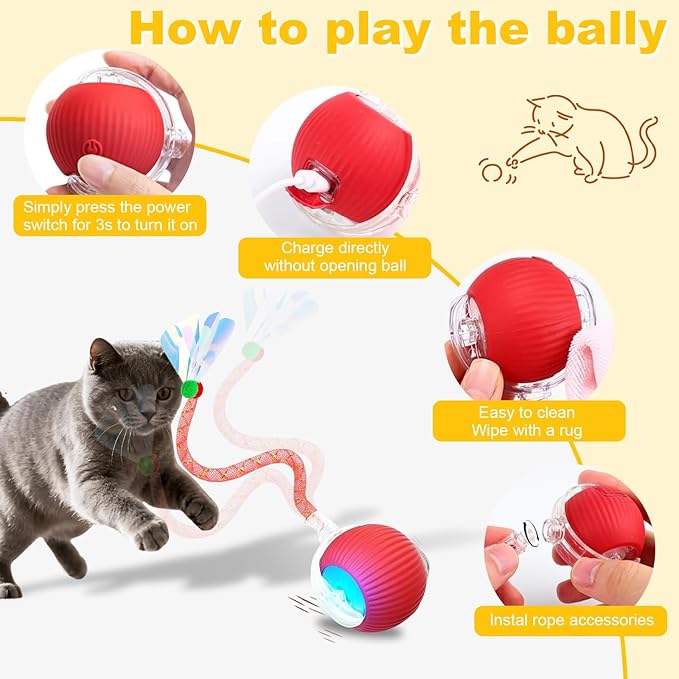 Interactive Cat Toys Ball for Indoor Cats&Dogs,Automatic Cat Toy 360° Auto-Rotation Smart Obstacle Avoidance,Includes 4 Cat Spiral Spring,Cat Enrichment Toys for Indoor Cats (Red-1)