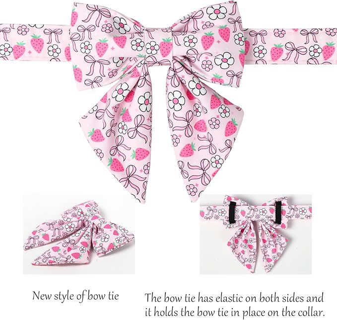 Lionet Paws Strawberry Floral Dog Collar with Sailor Bow, Spring Pink Bow Dog Collars Bow Tie for Dogs, Small, Neck 10-16 inches