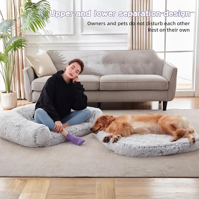 Foldable Human Dog Bed for Adults, Human Sized Dog Bed with Orthopedic Foam, Fluffy Faux Fur Pet Couch with Waterproof Liner, Non-Slip Bottom, Washable Cover, Cozy Floor Lounger - Grey