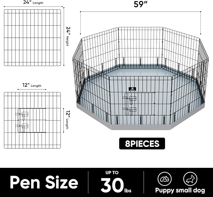 PJYuCien Octagonal Dog Playpen with Bottom Pad - Metal Foldable Exercise Pen, 8 Panels 24" H x 24" W Indoor Outdoor Pet Fence Puppy Crate Kennel, Gray
