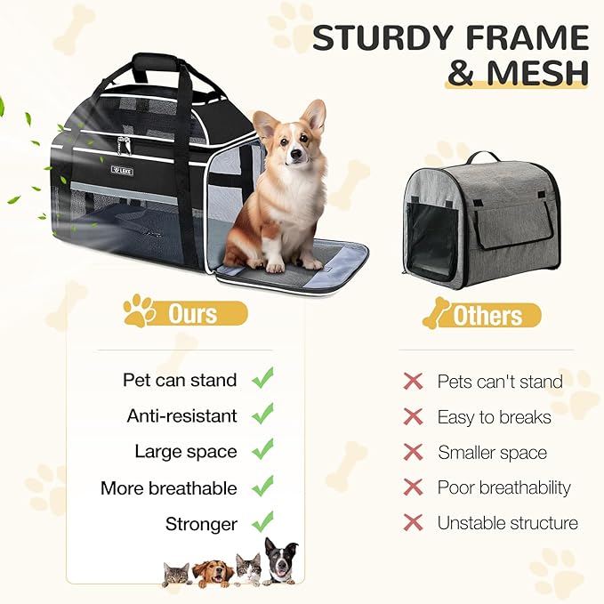 Lekereise Top-Expandable Pet Carrier 17x11x9.5 Inch Alaska Hawaiian Airline Approved Soft Sided Underseat to 12lbs Travel Carriers for Small Dogs and Cats with Locking Safety Zippers Anti-Scratch Mesh