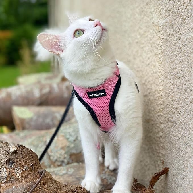rabbitgoo Cat Harness and Leash Set, Escape Proof Vest Harness for Safe Outdoor Walks, Soft Breathable Adjustable Vest with Reflective Strips for Small and Average Cats, Pink, S