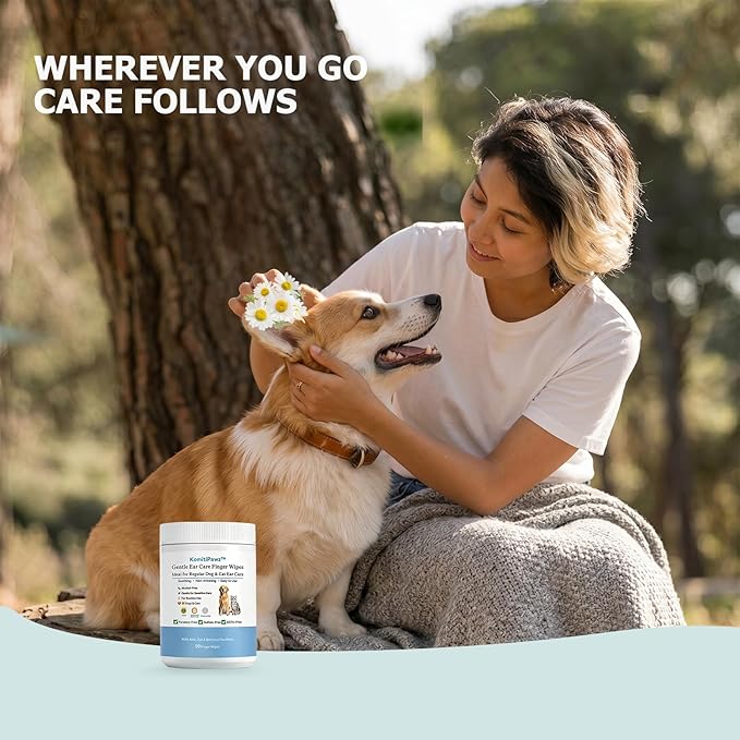 Dog Ear Finger Wipes for Dogs & Cats, Removes Ear Wax & Buildup, Better Than Ear Drops, Larger No-Slip Finger Fit for Better Control, Aloe Vera & Witch Hazel, Gentle for Sensitive Ears - 50 Count