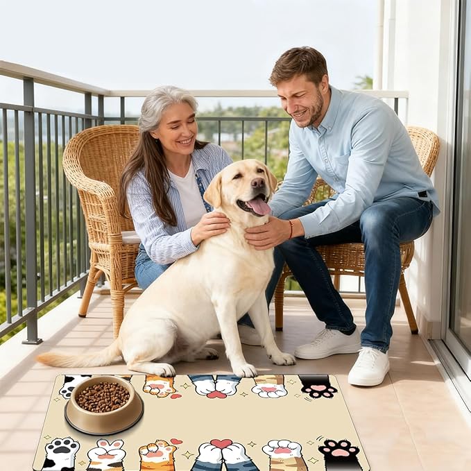 Cute Cat Food Mat 20 x 12 Inch Non Slip Design, Cat Feeding Mat Paw Print Absorbent Quick Dry Washable Rectangle Fedding Bowl Placemat Rug Protect Floors for Dogs Pets Water Area Home Use
