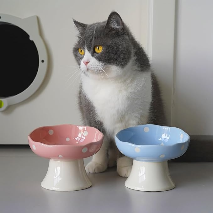 Mushroom Shaped Ceramic Elevated Cat Bowl, Tilted Whisker Friendly Feeding Dish for Indoor Cats, Wide Raised Pet Bowl, Dishwasher Safe (Pink)