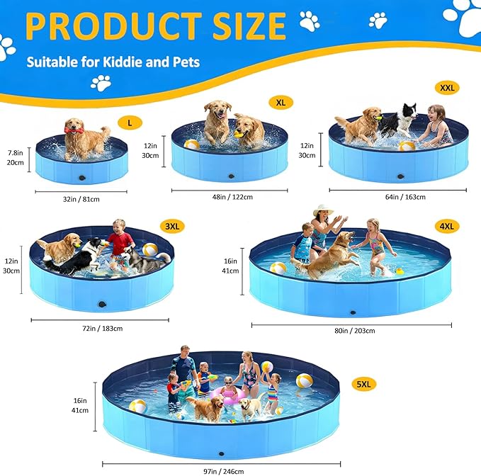 Foldable Dog Pool, 97'' Extra Large Collapsible Dog Swimming Pool Hard Plastic Portable Pets Bath Tub for Dogs and Cats