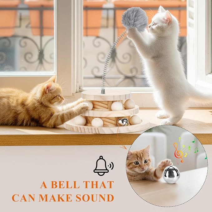 2-in-1 Wooden cat Toy Tower with Spring cat Toy Stick, Indoor Interactive Track Ball for Kittens+Bell Toy - Puzzle Solving, Exercise and Play
