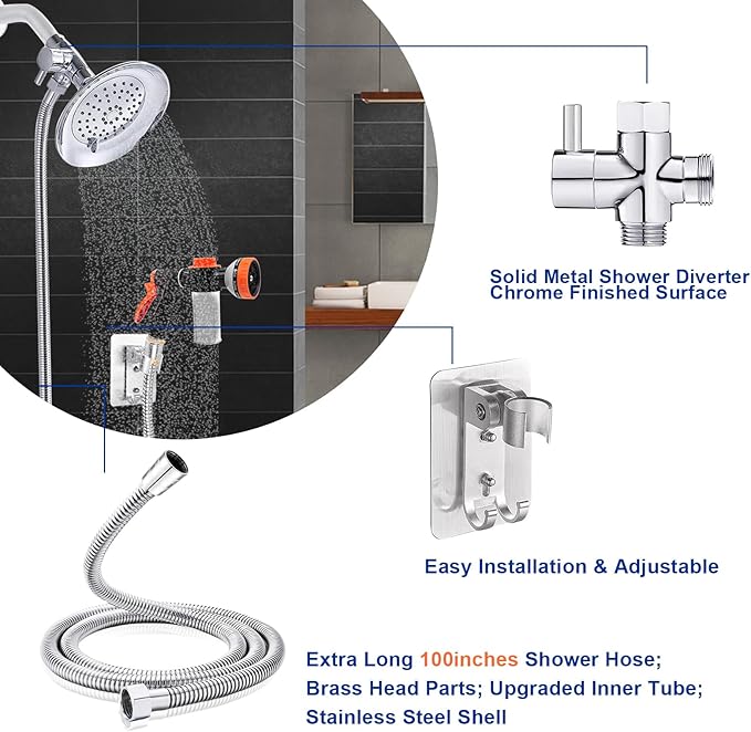 Dog Shower Attachment with Metal 3-Way Shower Diverter & 10inches Shower Hose for Bathroom Showr Arm, Dog Wash Hose Nozzle Sprayer for Easy Pet Bathing Dog Washing Hose Attachment