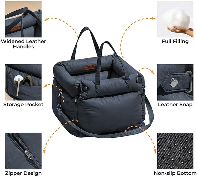 FUNNYFUZZY Luxury Dog Car Seat for Small Medium Dogs Under 35 lbs, Waterproof Leather Pet Booster Seat with Safety Leash & Anti-Slip Base, Fully Padded Dog Car Bed, Portable Puppy Carrier(Navy Blue)