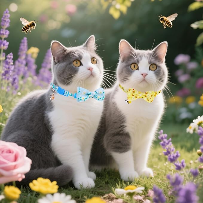 PUPTECK Cat Collar Breakaway with Bells, Kitten Collar Outfit Adjustable for Girl Boy Small Pet Puppy Bunny, Cute Costume Accessory with Safety Release Buckle (Bowtie-Floral)