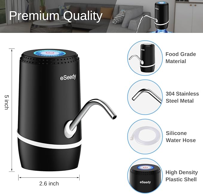 Water Pump for 5 Gallon Bottle, USB Charging Automatic Water Dispenser with Rechargeable Battery, Portable Electric Drinking Water Jug Pump for Home, Kitchen, Living Room, Office, Camping - Black