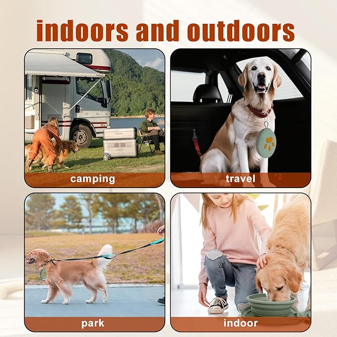 Collapsible Dog Bowls, 2-in-1 Silicone Pet Food and Water Bowl with Carabiner, Portable Double Compartment Dish for Travel, Camping, Hiking Puppy Essentials (A- Green)