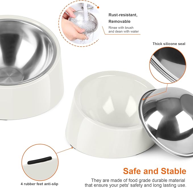 Tilted Dog Bowl Non-Slip & Non-Spill Pet Feeder with Elevated Detachable Melamine Stand, Easy to Get Food Dog Dish, M/180ml White