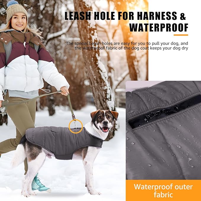 Dog Winter Jacket for Large Dogs, Easy on Dog Snow Coat Velcro Waterproof Pet Puffer Coat with Harness Hole Adjustable Reflective Quilted Pet Cold Weather Vest Wind-Poof for Boy Male