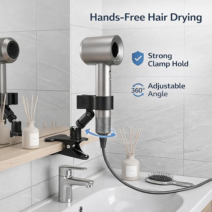 360 Degree Rotating Hands Free Hair Dryer Holder Sturdy Metal Base and Strong Clamp Adjustable and Flexible Blow Dryer Stand for Easy Styling Stable and Easy Installation
