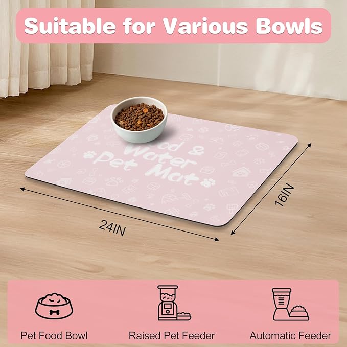 Pet Feeding Mat,Dog Cat Mat for Food and Water,Dog Bowl Waterproof Placemat with Rubber Backing,Absorbent Quick Dry Water Dispenser Mat for Pet(Pink 16"×24")