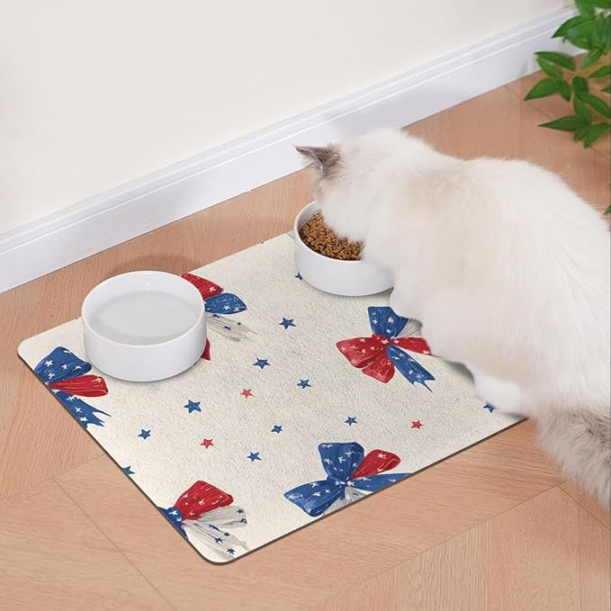 Bow and Star Pattern Pet Cat Dog Food Mat Non Slip Mat for Dog Water Bowl Mat 11.8 x 15.8 inch Quick Dry Absorbent Cat Feeding Mat, Easy to Clean