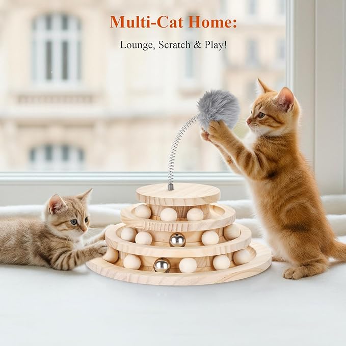 Large 2-in-1 Wooden cat Toy Tower with Spring cat Toy Stick, Indoor Interactive Track Ball and Bell Toy for Kittens - Puzzle Solving, Exercise and Play