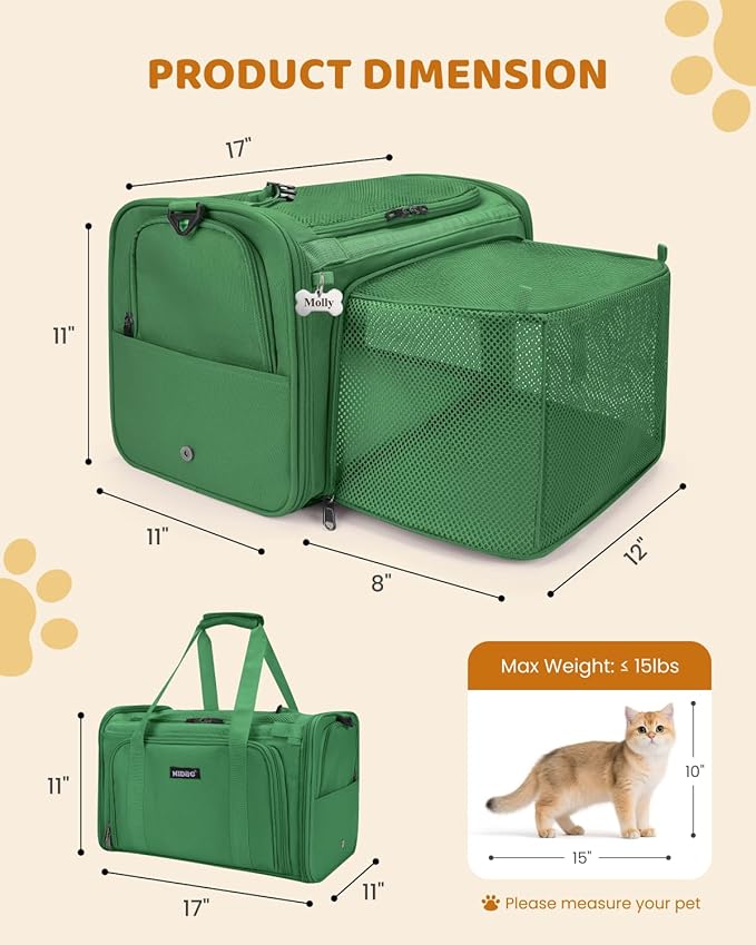 MIDOG Cat Carrier Soft for Small to Medium-Sized Cats,Up to 15 Lbs, TSA Airline Approved Soft Sided Pet Carrier,Collapsible Travel Cat Carry Bag(Grey)