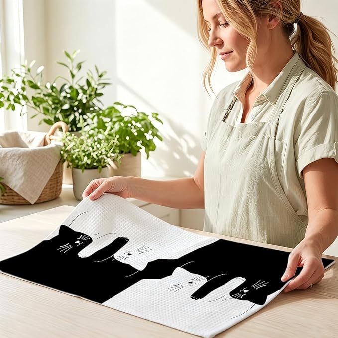 Hanamiya Na 2 Pcs Cute Cat Kitchen Towels 24x14 Inch, Cats Gifts Reusable Dish Towels for Kitchen Home Bathroom Decor, Waffle Weave Hand Cloth Tea Towel, Gifts for Cat Lovers Women Friend Girls