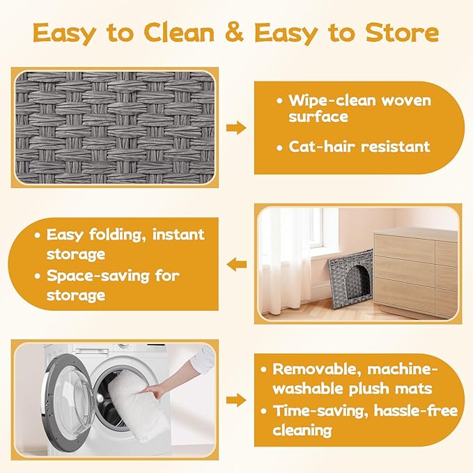 Snughome Handwoven Rattan Cat House - Indoor Foldable Cat Bed Cave with 2 Removable Bed Mats, Large Kitten House, Hideaway Pet Cube, 16.54 x 16.54 x 12.6 Inches, Grey, for Living Room & Bedroom