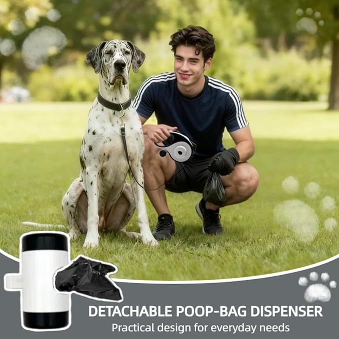 26ft Retractable Dog Leash for Large Dogs with Poop Bag Holder and LED Light,Heavy Duty Retractable Dog Leash with Chew Proof Extender,One-Hand Lock System,Impact-Resistant,Up to 110 lbs(Wihte)