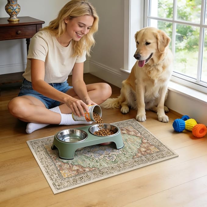Boho Dog Feeding Mat, Absorbent Cat Matt for Food, Non Slip Pet Water Bowl Placemat Small for Floor, Olive Green & Rust & Bright Blue Indoor Dog Eating Dish Mat 12"x20"