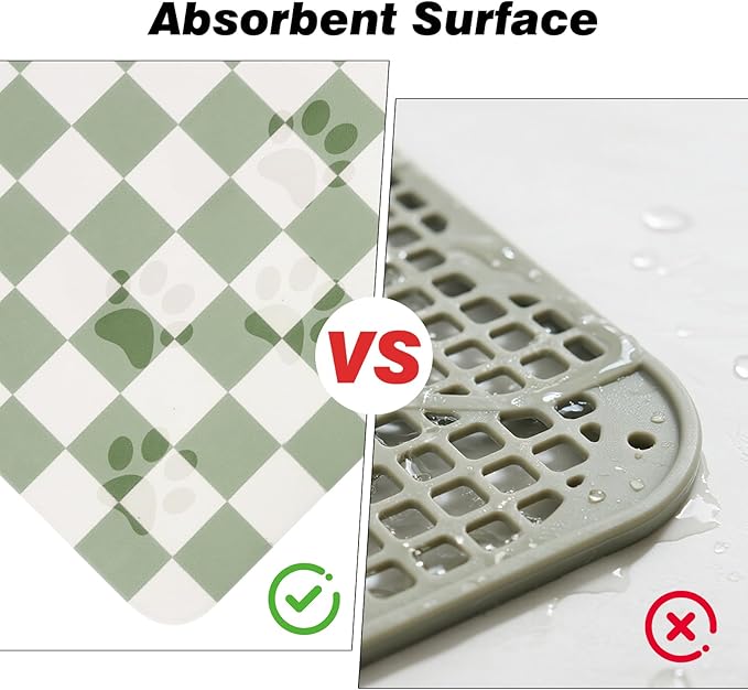 CooRug Checkered Dog Food Mat, Absorbent Leak-Proof Pet Feeding Mat, Quick Dry Cat Food Mat for Messy Drinkers 12" x 20" Green
