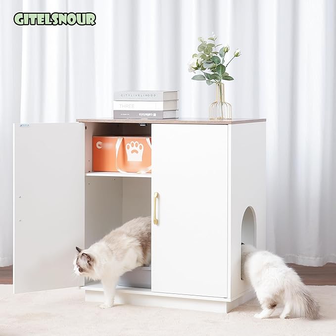 Gitelsnour Litter Box Enclosure, 30.9'' High Large Litter Box Furniture, Modern Cat Litter Box Enclosurewith Hidden Storage, Side Table, End Table, White and Brown GCLB003WWB