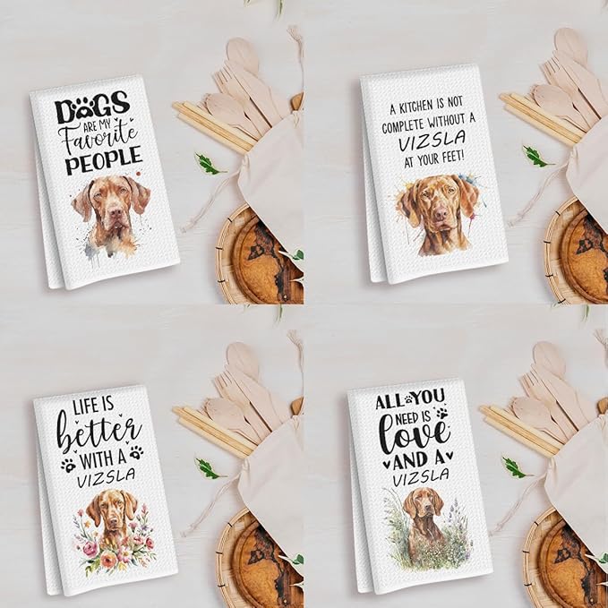 4Pcs Cute Vizsla Kitchen Towels 24x14 Inch, Vizsla Gifts for Woman Mom, Reusable Waffle Weave Microfiber Absorbent Hand Tea Dish Towels for Kitchen Bathroom Home Decor, Dog Lovers Gifts, Pet Owners