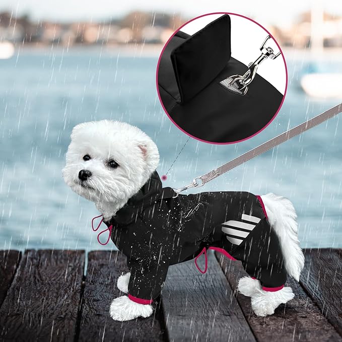 Dog Raincoat, Waterproof Dog Rain Jacket with Hood, Dog Rain Coat with Leash Hole, Reflective Strap for Small Medium Dogs, Lightweight Puppy Clothes(Black,XS)
