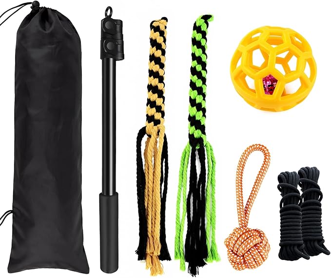 Flirt Pole for Dogs Heavy Duty – 40" Extendable Aluminum Alloy Dog Teaser Pole for Large, Medium & Small Dogs, Dog Training Stick Toy for Exercise & Training, Includes 4 Replaceable Lures