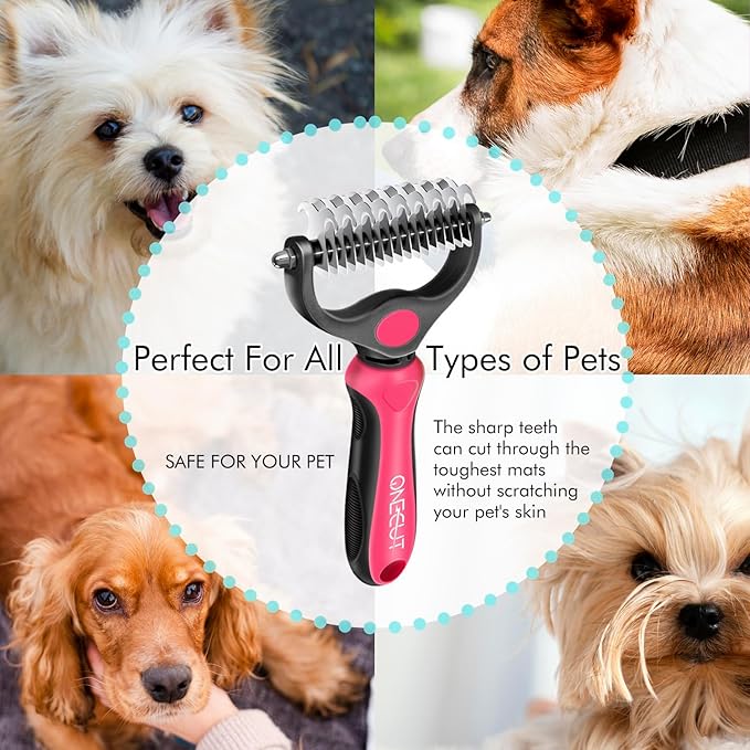 Pet Grooming Brush and Metal Comb Combo, Pet Grooming Rake and Brushes for Small, Medium & Large Dogs Double Sided Deshedding Tool Removes Knots and Tangled Hair (Red)