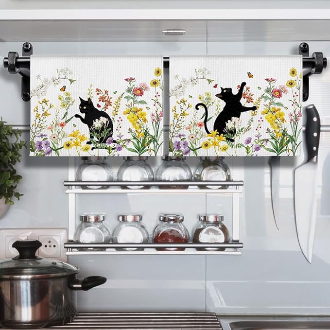 2-Pack Black Cat & Floral Kitchen Towels Decorative Set - Playful Feline Set-Quick-Drying Decorative Design Hand Towels for Cooking, Bathroom Decor - Purrfect Funny Gifts for Cat Lovers for Women