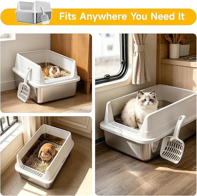 Stainless Steel Litter Box with High Sides, Small Metal Litter Box for Kittens & Senior Cats, Open Top Low Entry Non-Stick Easy Clean with Scoop, Gray