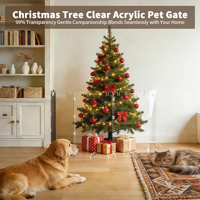 Clear Acrylic Dog Pet Gate - 99% Transparency Gentle Bond Seamlessly with Your Home - 32in Tall Foldable Freestanding No-Drill Tool-Free Assembly - for Small to Large Dogs Cats Indoor Stairs Doorways