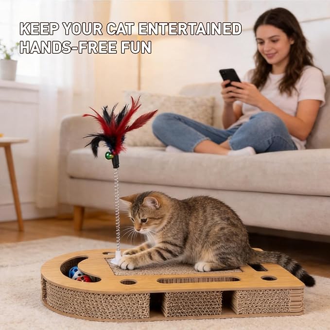 OHMU Interactive Cat Puzzle Box, Cat Nail File Toy, Wooden Enrichment Scratch Board for Indoor Cats with Bell Balls & Wand, No Assembly