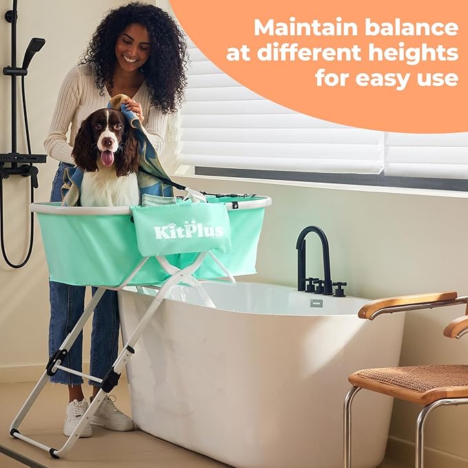 KITPLUS Portable Dog Bathtub, 5 Height Adjustable Dog Washing Station for Pet Shower and Grooming Foldable Bathing Tub with Storage & Anti-Slip Design for Small Large Dogs Cats