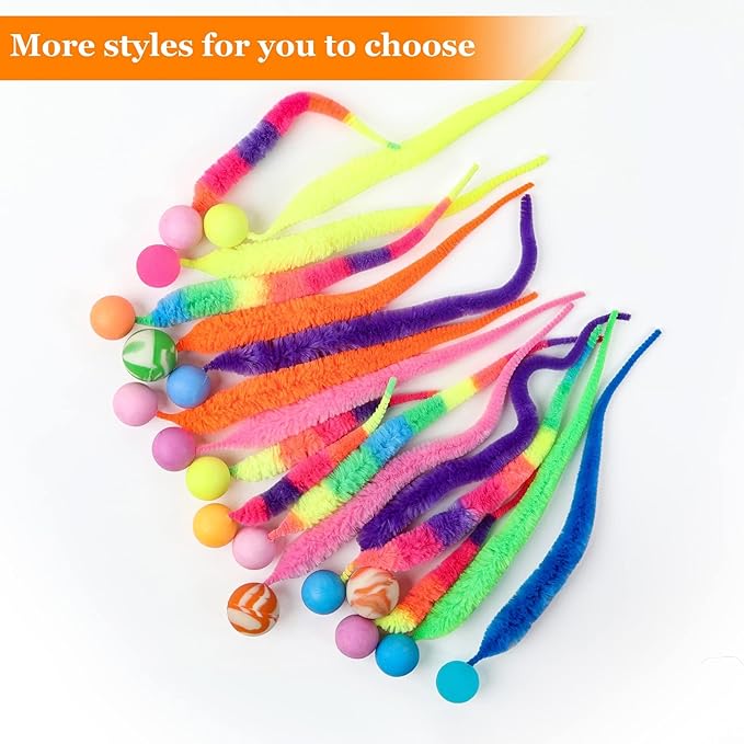 Bouncy Ball with Tail Cat Toys,5 Packs Rainbow Small Magic Worm with Ball Toy for Cats,Colorful Fuzzy Worm Bouncy Balls Cat Toy