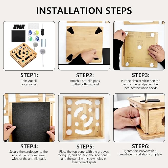Cat Nail File Enrichment Box, Bamboo Wooden Cat Scratch Puzzle Box, Nail File Scratcher for Indoor Cats