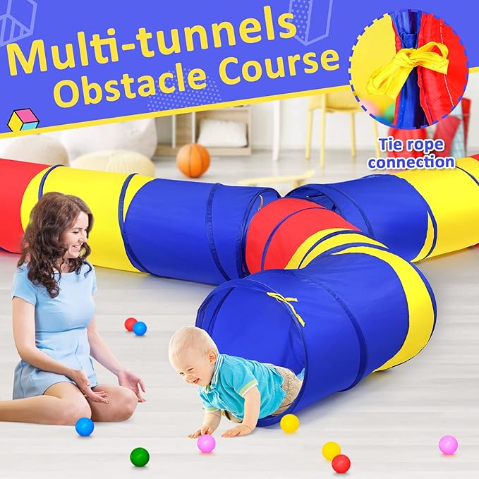 PigPigPen Pop Up Play Tunnel Tent for Toddlers Babies or Dogs, Indoor & Outdoor Toys for Kids Backyard Playset. (Red,Yellow,Blue)