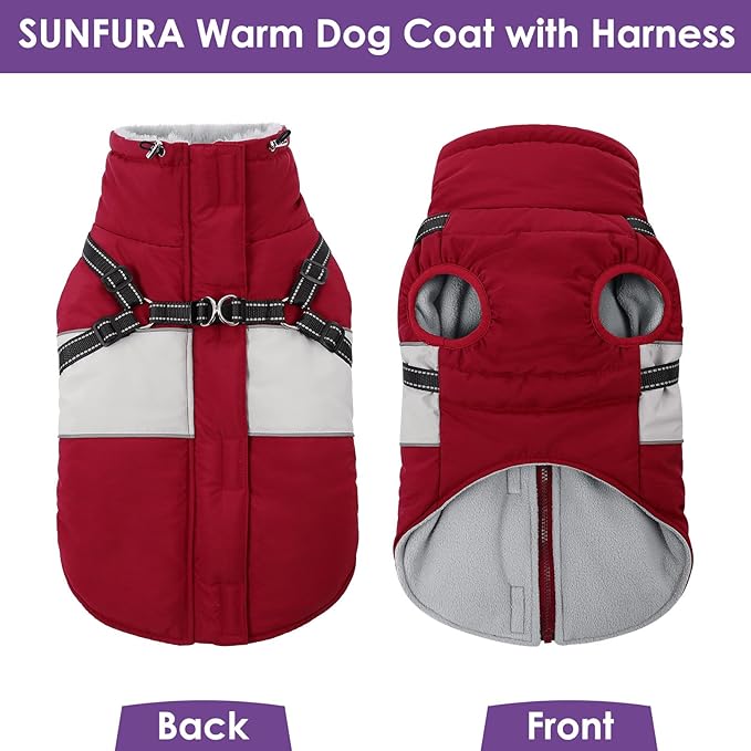 Dog Coat, XXXL Dog Jacket Winter with Harness Built in, Waterproof Pet Snow Jacket with Furry Collar for Chilly Day, Reflective Fleece Snowsuit for Extra Large Dogs, Burgundy 3XL