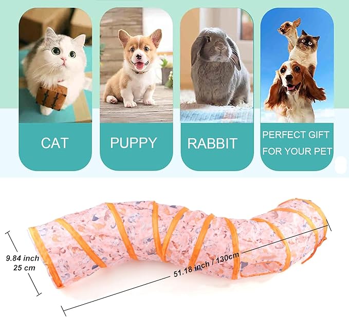 Collapsible S-Shape Cat Tunnel with Play Ball, Interactive Maze Hideaway Toy for Indoor Kittens, Puppies & Rabbits, Fun Kitten Pattern Pet Activity Tunnel
