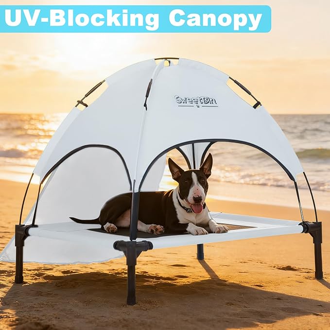S/M/L Outdoor Elevated Dog Cot with Canopy & Side Shade for Camping Small Medium Dogs (Carry Bag), Portable Cooling Raised Dog Bed
