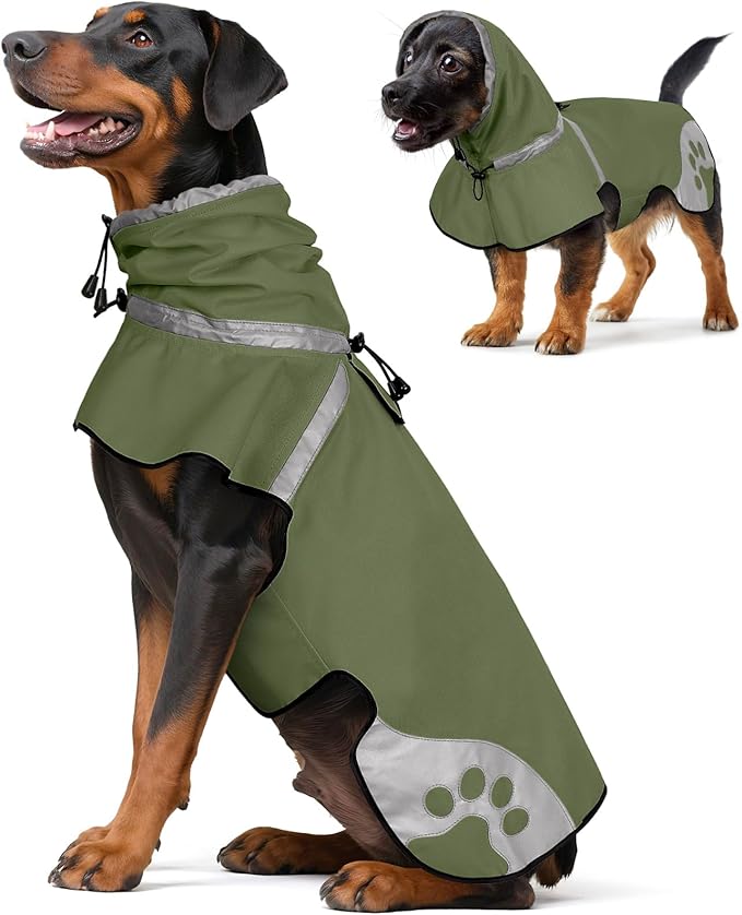 Dog Raincoat for Large Dogs, Adjustable Rain Jacket for Dogs, Waterproof Slicker Jacket for Adventures, Walking, Hunting(L,Dark Green)