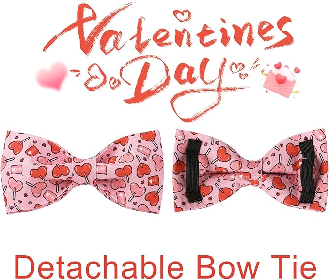 Valentine’s Day Dog Collar with Bow Tie, Pink Heart Bowtie Collar with Metal Buckle, Valentine’s Day Gift Pet Collar for Puppy Girl Boy Dog or Cat, Wedding Dog Collar,XL, Neck 16-26in