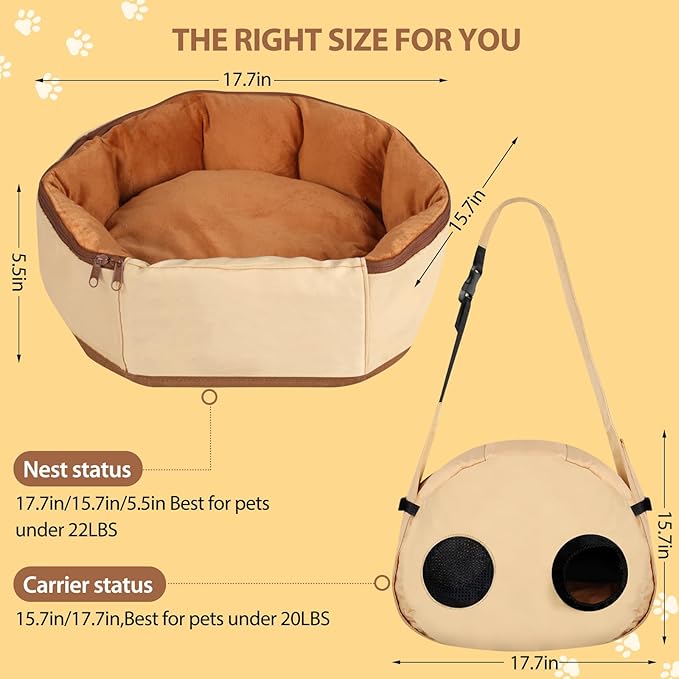 2-in-1 Convertible Pet Sling Carrier & Bed - with Breathable Mesh, Adjustable Strap & Pocket,for Travel, Vet Visit & Home Use, Up to 22lbs (KAKI)