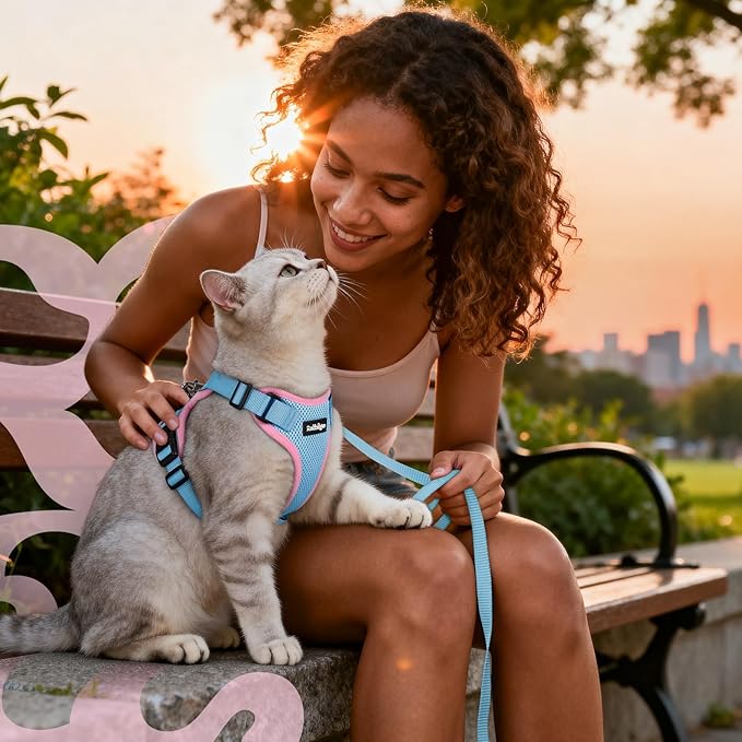 rabbitgoo Cat Harness and Leash Set, Escape Proof Vest Harness for Safe Outdoor Walks, Soft Breathable Adjustable Vest with Reflective Strips for Small and Average Cats, Light Blue & Pink, S